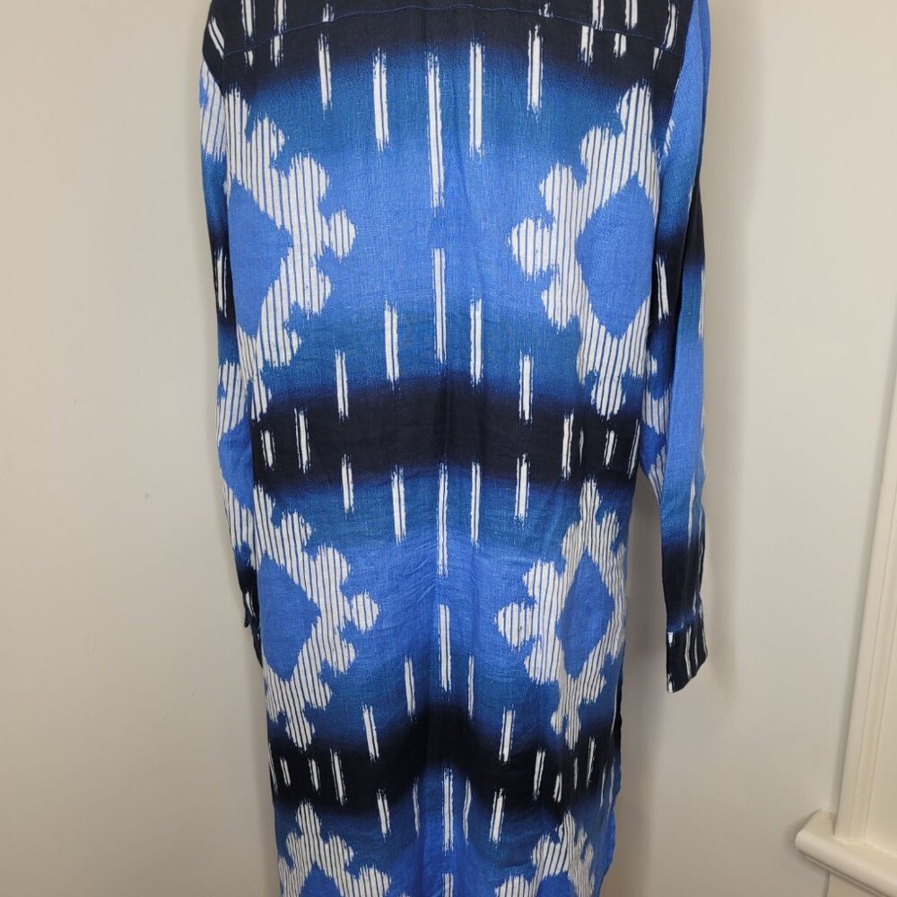 Chicos Womens Blue White Ikat Print Linen Button-Down shirt dress 12/14 tunic - Picture 2 of 7